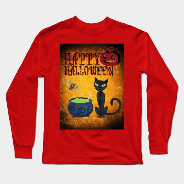 Happy Halloween Black Cat & Bat Long Sleeve T-Shirt by holidaystore